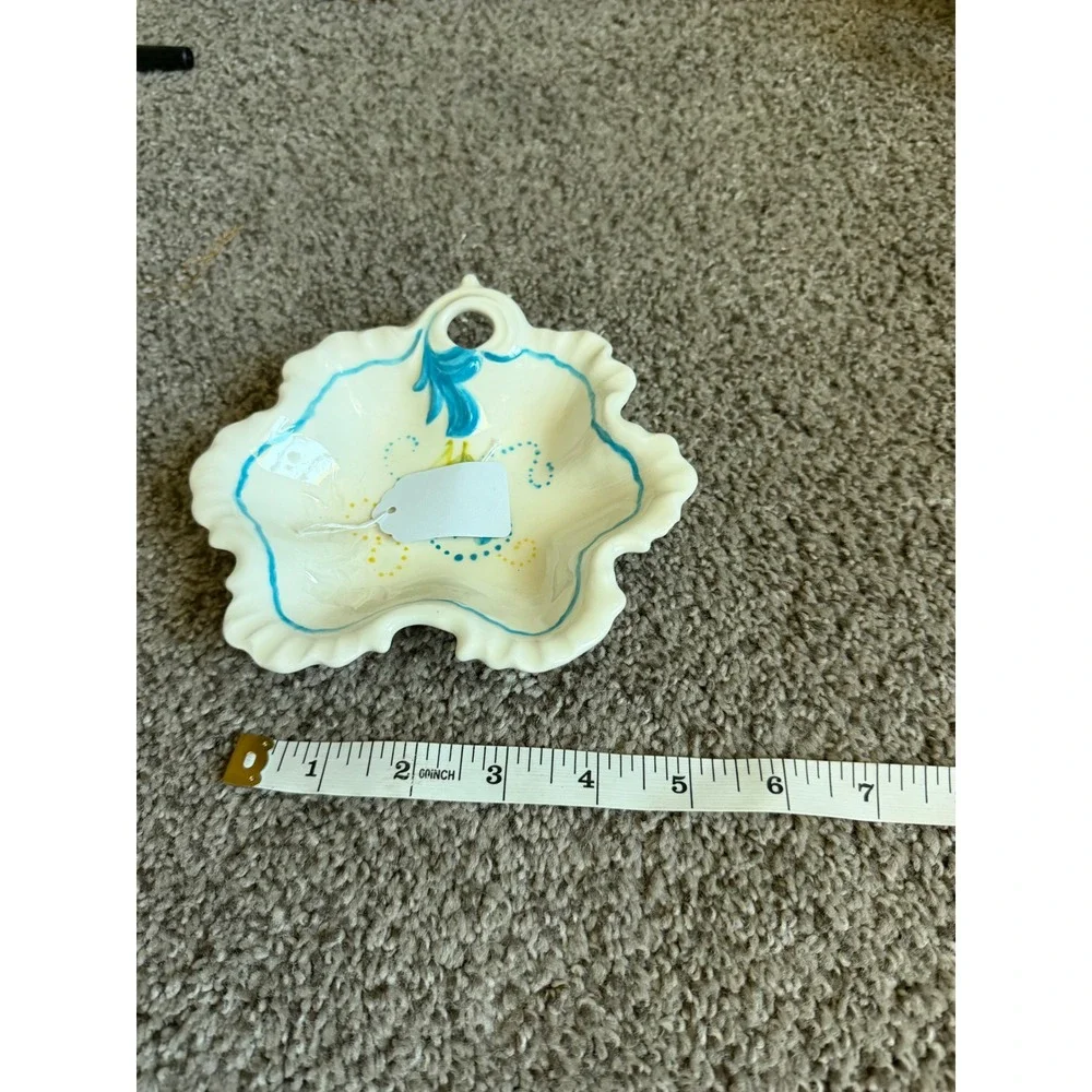 Vintage Ruffled Ceramic Trinket Dish Blue Floral Hand Painted Candy Bowl Handle
